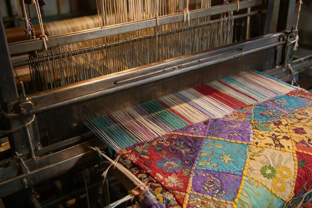 A loom with coloured warp threads feeding into an embroidered patchwork cloth
