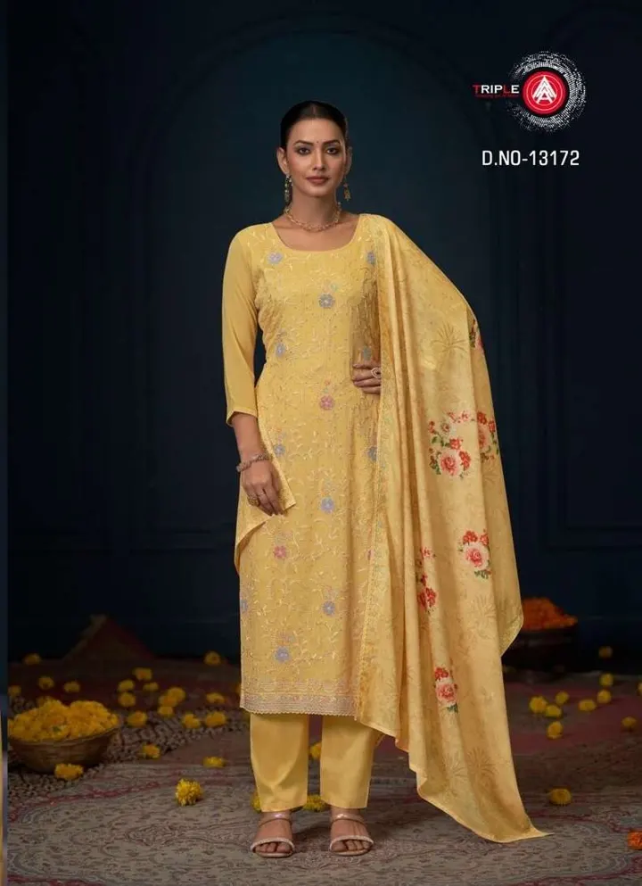 Model wearing an unstitched salwar suit, Vidhi Fabrics Surat