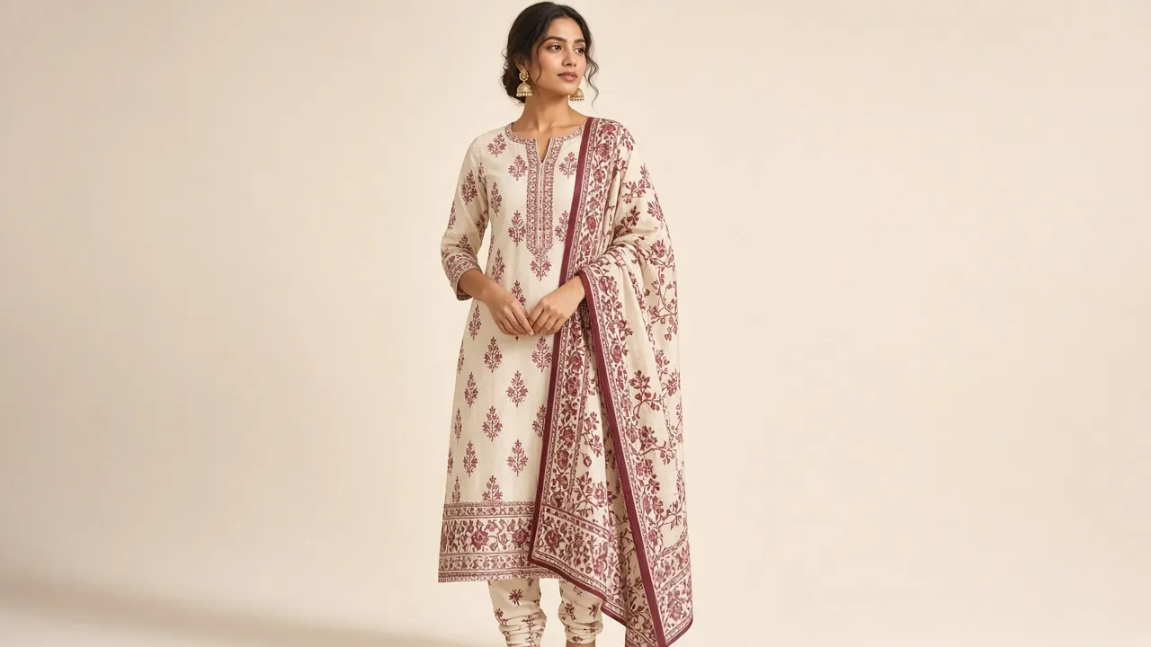 Model in an unstitched suit from Vidhi Fabrics